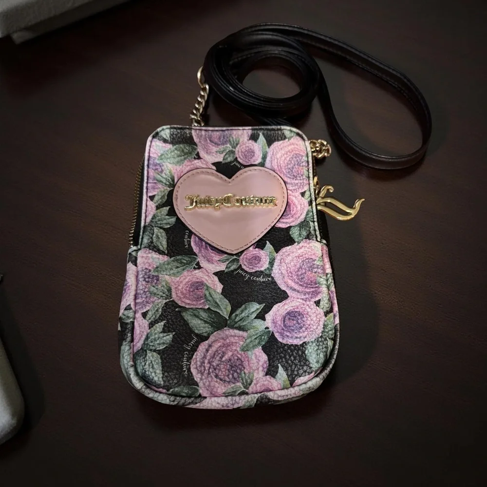 Juicy Couture Black & Pink Floral Long Crossbody Bag EUC